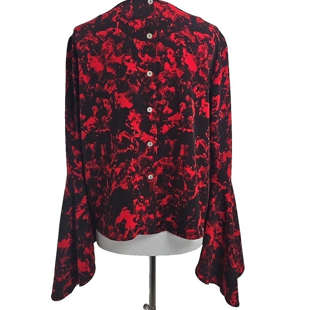 Carmen Marc Valvo Black & Red Floral Long Bell Sleeve Blouse Top Size XS - Picture 5 of 7